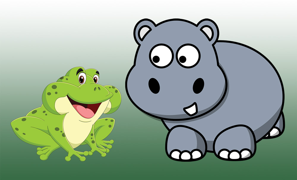 Illustration d'une grenouille verte souriante et d'un hippopotame gris avec des yeux ronds.