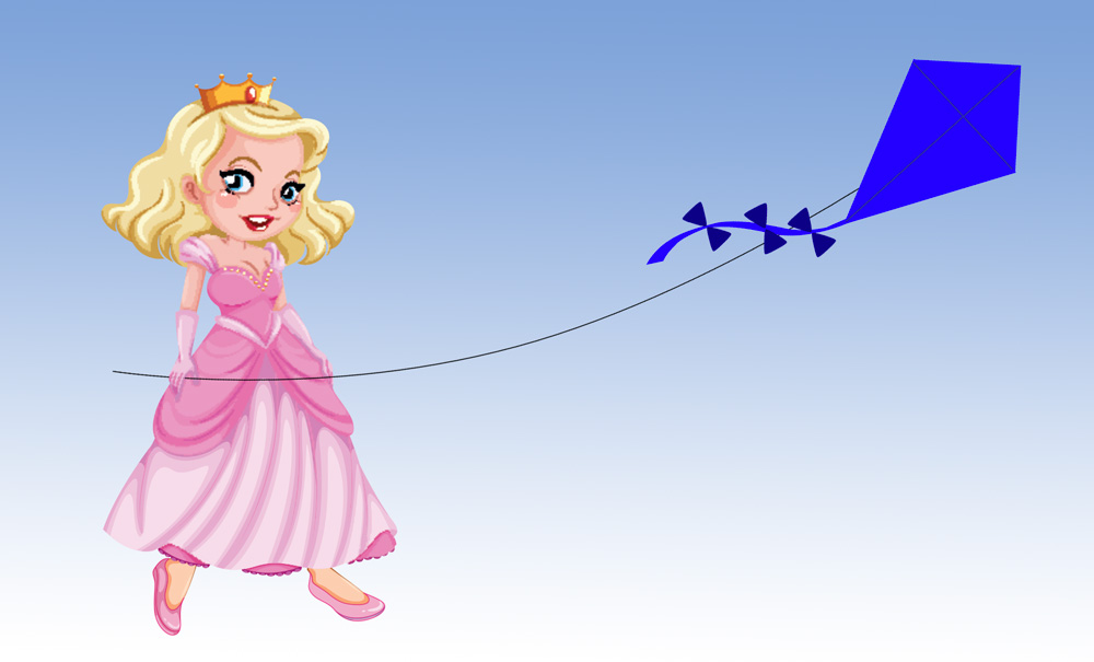 Une princesse blonde en robe rose tenant un cerf-volant bleu avec des nœuds.