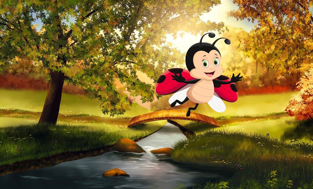 Coccinelle animée avec des ailes noires et rouges sautant sur un pont en bois au-dessus d'un ruisseau.