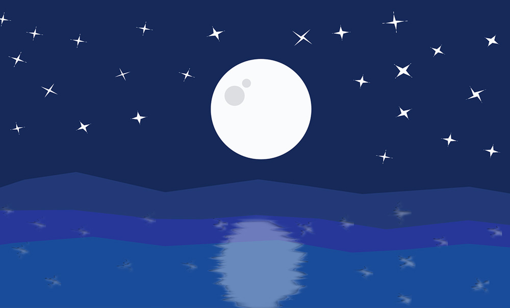 Illustration d'un paysage nocturne avec une grande lune et des étoiles brillantes dans le ciel.