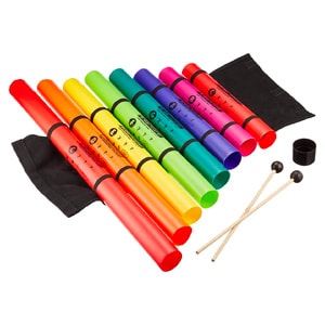 Ensemble de tubes colorés Boomwhackers avec maillets et sac de rangement.