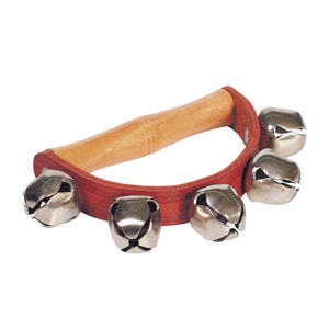 Instrument de percussion en bois avec des grelots en métal fixés sur un cadre en cuir.