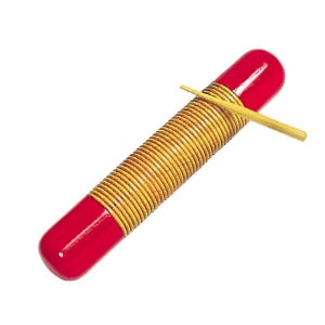 Guiro en bois rouge et jaune avec une baguette en bois pour jouer.
