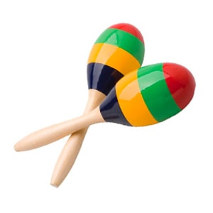 Maracas en bois avec des motifs colorés en rouge, vert, jaune et noir.