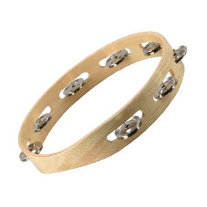 Tambourin en bois avec des cymbales métalliques sur le pourtour, utilisé pour la musique.