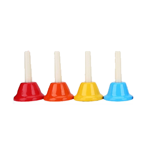 Quatre cloches en plastique de couleurs rouge, orange, jaune et bleu avec des poignées blanches.