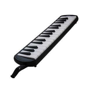 Melodica avec un clavier de touches blanches et noires, vue de côté.