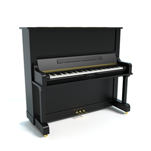 Piano droit noir avec touches blanches et pédales, sur fond blanc.