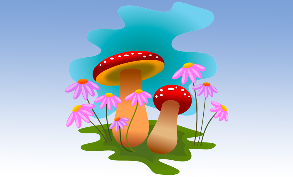 Illustration de champignons rouges avec des taches blanches entourés de fleurs roses.