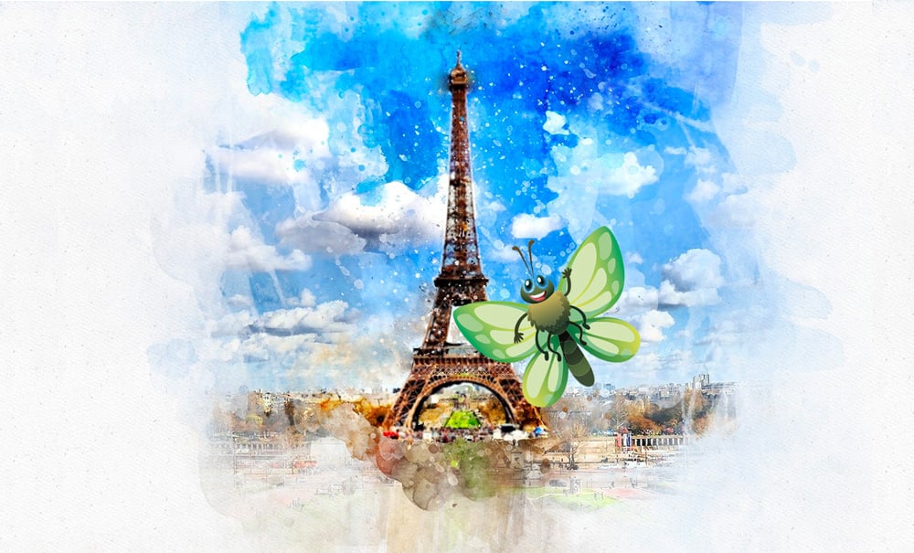 Illustration colorée de la Tour Eiffel avec un papillon vert et bleu volant devant.