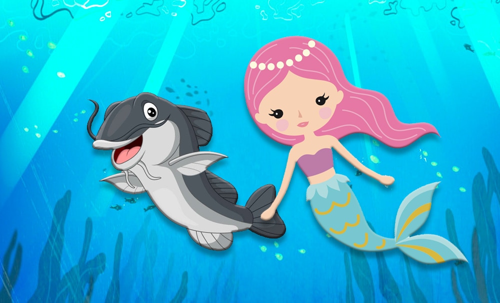 Illustration d'une sirène avec des cheveux roses et un poisson souriant dans un fond marin.
